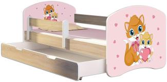 Kinderbett Jugendbett mit einer Schublade und Matratze Sonoma mit Rausfallschutz Lattenrost ACMA II 140x70 160x80 180x80 (33 Miezekatzen, 140x70 + Bettkasten)