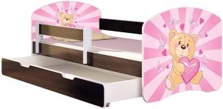 ACMA Kinderbett Jugendbett mit Einer Schublade und Matratze Wenge mit Rausfallschutz Lattenrost II 140x70 160x80 180x80 (10 Teddybär, 160x80 + Bettkasten)