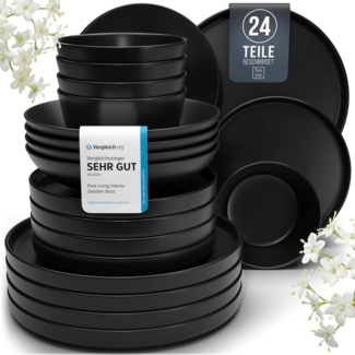PURE LIVING INTERIOR DESIGN Geschirr-Set 6 Pers. - Hochwertiges Steingut Geschirrset - Geschirr Set (24-tlg), 6 Personen, Steingut, Schüssel- und Teller Set in Matt Schwarz