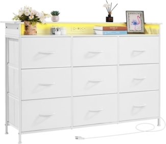 VEVOR Kommode mit 9 Schubladen & Stoffbehälter, Schrankschubladen mit stabilem Metallrahmen, LED-Leuchten und integrierter Steckdose, Stoff-Aufbewahrungsturm für Schlafzimmer Flur Schrank, weiß