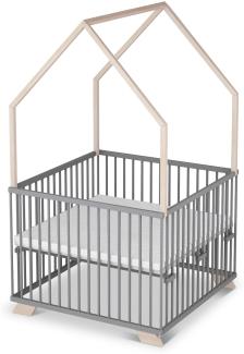 Sämann Laufgitter EXCLUSIVE 100x100 cm mit Matratze - Hausbett & Babybett - stufenlos höhenverstellbar Laufstall Baby Buche grau