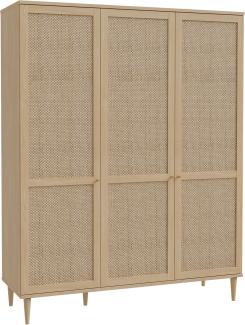 FORTE Calasetta Schrank 165 cm Boho Stil Wiener Geflecht Kleiderschrank mit 3 Türen Kleiderstange Einlegeböden Holz Dekor: Elegancia Eiche/Technorattan, 165 cm breit x 208 cm hoch x 52 cm tief