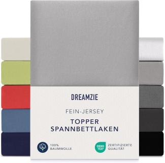 Dreamzie Premium Topper Spannbettlaken 140x200 cm - 160x200 cm - extra niedriger Seitenhöhe - für Boxspringbett - Topperauflage - Spannbetttuch Jersey Baumwolle, 150 g/m² - Oeko-TEX - Grau