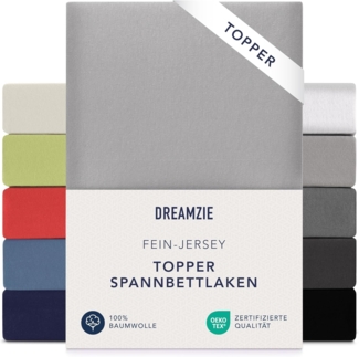 Dreamzie Premium Topper Spannbettlaken 140x200 cm - 160x200 cm - extra niedriger Seitenhöhe - für Boxspringbett - Topperauflage - Spannbetttuch Jersey Baumwolle, 150 g/m² - Oeko-TEX - Grau