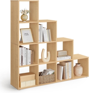 VASAGLE Bücherregal mit 10 Fächern, Regal offen, Stufenregal, Ordnungssystem für Deko, Fotos, Pflanzen, Wohnzimmer, Schlafzimmer, Arbeitszimmer, 29 x 129,5 x 129,5 cm, eichenbeige LBC010Y01