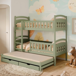 Kids Collective Etagenbett Hochbett Stockbett Kinderbett 90x200 cm mit Ausziehbett und Schubladen, Umbaubar zu 3 Einzelbetten mit Lattenrosten & Rausfallschutz, olivgrün