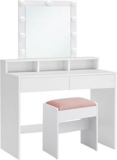 VASAGLE Schminktisch mit LED-Beleuchtung, Sitzhocker, Kosmetiktisch mit 2 Schubladen und 3 offenen Fächern, Makeup-Hocker aus Samt, für Schlafzimmer, weiß und mattweiß-pastellrosa RDT714W01