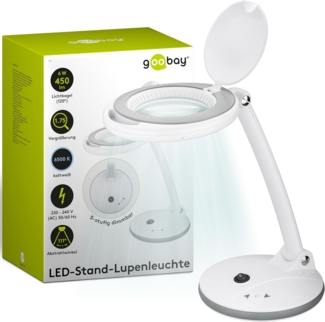 goobay 60363 Dimmbare LED Lupenleuchte/Lupenlampe mit Standfuß/Standlupe Licht / 6 W Leistungsaufnahme/Farbtemperatur 6500 K/Lichtstrom 450 lm/Betriebsspannung 230 V (AC), Weiß