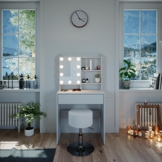 Vicco 'Laura' Schminktisch mit LED-Lichterkette und Hocker, Holzspanplatte weiß, 70 x 40 x 136 cm