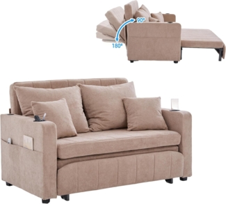SeedWave Schlafsofa Chenille 2 Sitzer Klappsofa mit USB-Anschluss, Verstellbarer Rücklehne, 3-in-1-Sofa mit Seitentaschen, Becherhalters, 4× Kissens