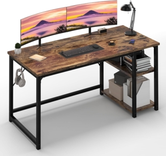 JUMMICO Schreibtisch 140cm mit Regalen, Tisch mit Stauraum, stabile Stahlkonstruktion – Rechts- oder Linksschreibtisch – Rustikales Braun