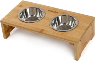 lionto Futternapf Erhöhte Futterstation aus Bambus, Edelstahl, 40 x 20 x 10 cm