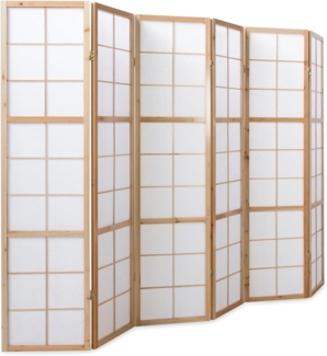 Homestyle4u Paravent 6-tlg., Holz natur / Reispapier weiß, 264x175 cm