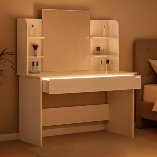 Casaria Schminktisch Lucia 140 x 108 x 40 cm Schublade mit Beleuchtung Spiegel 4 Ablagen Bodenschoner Holz Schlafzimmer Frisiertisch Schminkkommode Weiß