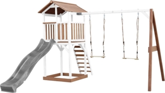 AXI Beach Tower Spielturm aus Holz in Braun & Weiß Spielhaus für Kinder mit grauer Rutsche, Doppelschaukel und Sandkasten | Braun, weiß, grau | Holz | 349 cm