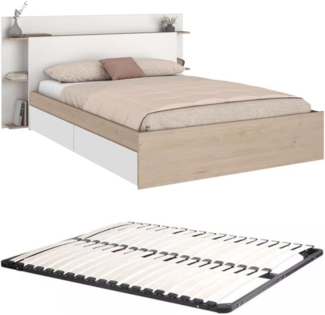 Vente-unique - Bett mit 4 Schubladen + Lattenrost - 140 x 190/200 cm - Holzfarben & Weiß - TILONIDE