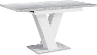 MEBLINI Esstisch Ausziehbar - 120-160x80x75cm - MASIV - Weiß Hochglanz/Betonoptik - Esszimmertisch Modern - Küchentisch - Säulentisch - Ausziehtisch - Dining Table