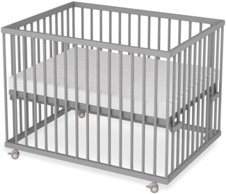 Sämann Laufstall Baby mit Matratze SleepPlus, Lattenrost und Schlupfsprossen | stufenlos höhenverstellbar | Laufgitter Premium | Babybett aus Holz | Krabbelgitter (grau, 75x100 cm)