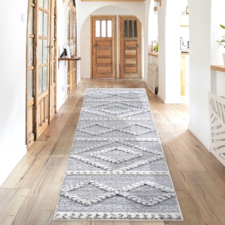 Teppich Läufer - Hochflor - Boho - Pastellgrau Creme - 80x300cm - Einfarbig - Modern Raute Muster - Skandinavisch Flauschig Weich - Wohnteppich Schlafzimmer Dekoration