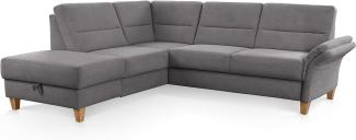 CAVADORE Schlafsofa Wyk mit Federkern / Ecksofa im Landhaus-Stil mit Ottomane, Bett, Stauraum + Armteilfunktion / 238 x 90 x 213 / Jacquard, Grau