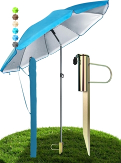 Menz Sonnenschirm Strand in Blau - 3er Set inkl. Strandschirm windfest stabil + Rasendorn Sonnenschirmhalter + Sonnenschirmhülle, Sonnenschirm mit Rasendorn, robuster Schirmspieß für Garten