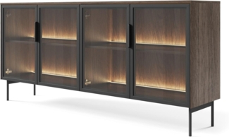 Selsey Kommode Schwarz, 181x39,3 cm breit Moderne Eleganz im Loft-Stil Eichenholz-Finish und gehämmertes Glas LED-Beleuchtung Perfekt für ESS und Wohnzimmer Mit Regalen und Stauraum