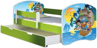 ACMA Kinderbett Jugendbett mit Einer Schublade und Matratze Grün mit Rausfallschutz Lattenrost II 140x70 160x80 180x80 (21 Piraten, 180x80 + Bettkasten)