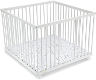 FabiMax 4736 Laufgitter 100x100, Weiß, Buche massiv, höhenverstellbar, Schlupfsprossen, Parkettrollen