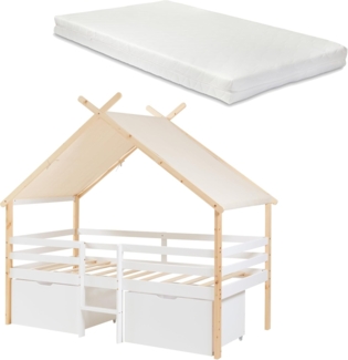 Hausbett Surnadal mit Matratze 90x200 cm Kiefernholz Weiß/Natur [en. casa]