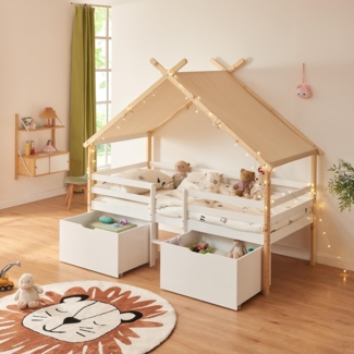 Hausbett Surnadal mit Matratze 90x200 cm Kiefernholz Weiß/Natur [en. casa]