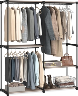 SONGMICS Kleiderschrank, Kleiderschränke, freistehende Garderobe, mit Kleiderstangen, Garderobenständer, Stoffablagen, Metallrahmen, 138 x 43 x 182 cm, Taupe RYG025R02