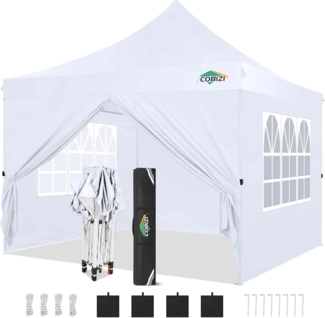 COBIZI Faltpavillon 3x3, Pavillon 3x3 Wasserdicht Stabil Winterfest, Faltbar Partyzelt mit 4 Seitenwänden & 4 Sandsack Pop up Gartenpavillon UV-Schutz 50+ für Hochzeiten, Freien, Weiß