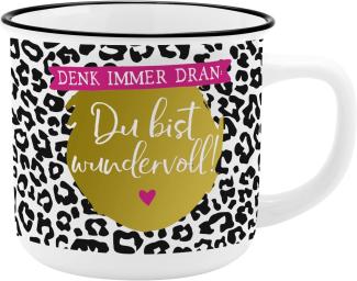 GRUSS & CO Becher Motiv "Wundervoll" | New Bone China Porzellan, Emaille-Optik, 35 cl | Geschenk, Tasse lustig | 47896