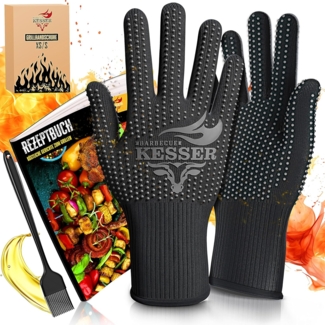 KESSER® Grillhandschuhe hitzebeständig bis 500° | Ofenhandschuhe Atmungsaktiv & mit rutschfestem Griff | Topfhandschuhe aus Aramid-Gewebe | Kamin-Handschuh Maschinenwaschbar Schwarz / Anthrazit, XS-S
