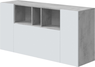 Habitdesign, modernes Sideboard mit 3 Türen und 3 offenen Fächern – Buffet & Beistellschrank für Wohnzimmer oder Esszimmer in Zementgrau & Artik weiß, Maße: 150 x 76 x 41 cm (B x H x T), Modell Loira