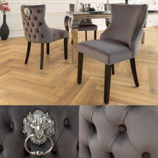 LebensWohnArt Stuhl Edler Stuhl LEON Samt grau Löwenkopf Nieten Chesterfield