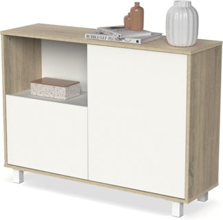 Muebles Pitarch | Sideboard für Wohn- und Esszimmer, Buffet, Möbelstück, 2 Türen und 1 Fach, mit Beinen, Weiß und Eiche Cambrian, 82,5 x 112 x 33 cm, Moderner Eingangsbereich, Tibet Kollektion