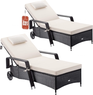 Casaria Gartenliege, 2x Sonnenliege 165kg Belastbar inkl. 7cm Auflage Rollen Polyrattan