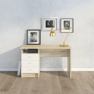 Dmora Linearer Schreibtisch mit drei Schubladen, Farbe Eiche weiß, Maße 120 x 72 x 48 cm