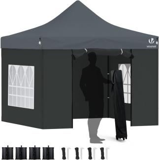 VOUNOT Pavillon 3x3 m Wasserdicht Stabil Winterfest, Pop Up Faltpavillon mit 4 Seitenteilen und 4 Sandsäcke, Party Pavillon Faltbar Gartenzelt Partyzelt, Grau