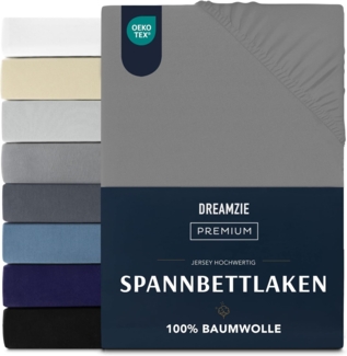 Dreamzie Premium Spannbettlaken 140x200 cm, Spannbetttuch für Dicke Matratzen bis zu 22 cm, Bettlaken 100% Jersey Baumwolle, 150 g/m², Oeko-TEX Zertifiziert - Anthrazit