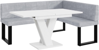 MEBLINI Eckbank für Esszimmer mit ausziehbarem Tisch - Küchenbank - Essecke - Sitzecke Küche - PETER - U-Beine 128x168x87cm Rechts - Hellgrau Samt/M Weiß Matt