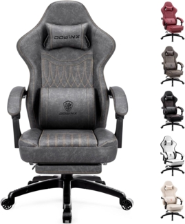Dowinx Gaming Stuhl mit Frühling Kissen,Racing Gamer Stuhl mit Massage, Ergonomischer Gaming Sessel mit Fußstütze Bürostuhl PU Leder Grau