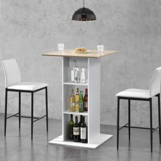 Bartisch Visby 110x70x70 cm mit 3 Regalfächern Weiß/Eiche-Optik en. casa