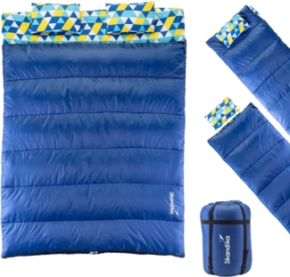 Skandika Doppelschlafsack, 3-Jahreszeiten, extra breit, 2 Kissen, Packsack, Camping Inn-/Outdoor