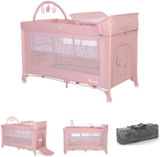 Lorelli Reisebett Noemi 2 Ebenen, Wickelauflage, Spielbogen, Tragetasche, Räder pink