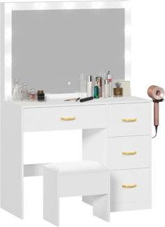 DWVO 4 Schubladen Schminktisch mit Spiegel, Kosmetiktisch, Frisiertisch mit Hocker, Beleuchtung, Steckdose, 3 Farben mit Einstellbarer Helligkeit, Weiß