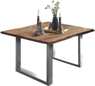 SAM Baumkantentisch 90x90 cm Mephisto, Akazienholz massiv + naturfarben lackiert, Esstisch mit Edelstahl U-Gestell gebürstet, Esszimmertisch/Holztisch, Tischplatte 26 mm, FSC® 100% Zertifiziert