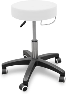 Quirumed Hocker mit Rollsockel und Handtuchhalter, weiße Farbe, Kunstleder, hochdichte Polsterung, leicht, mit Rollen, höhenverstellbar, bis zu 150 kg