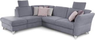 CAVADORE Schlafsofa Trend / Skandinavische Eckcouch mit Federkern, Bettfunktion, Stauraum in der Ottomane und 2 Kopfstützen / 249 x 86 x 162 / Chenille, Hellblau